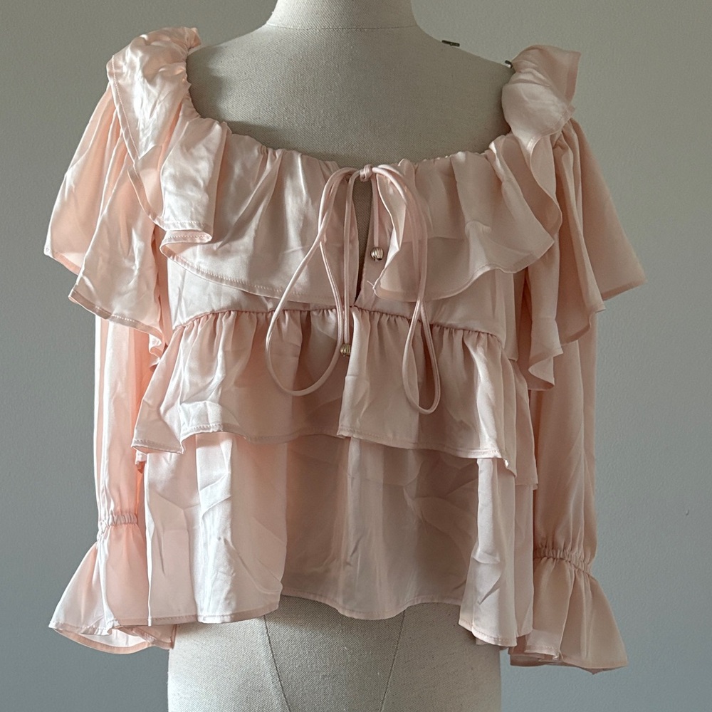 Francesca's Collections Blush Pink Ruffle Off-Shoulder Tie-Front Blouse